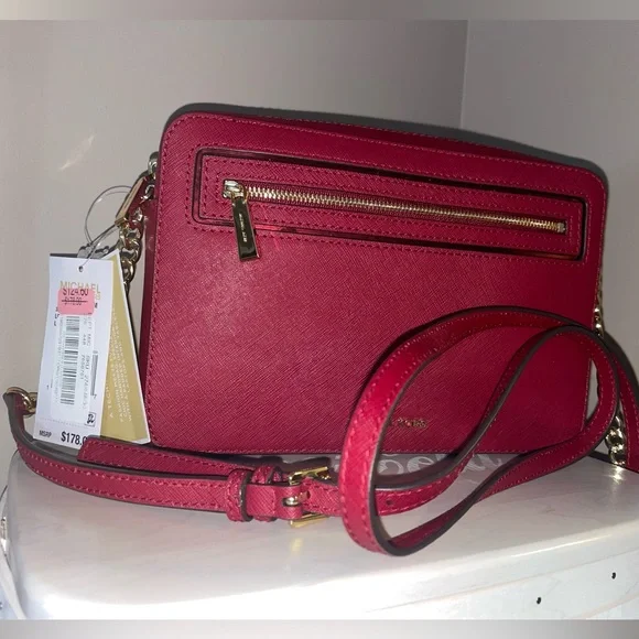 Michael Kors LG Frame Out Item Cherry Red Cross Grain Leather Crossbody Bag - Picture 3 of 16